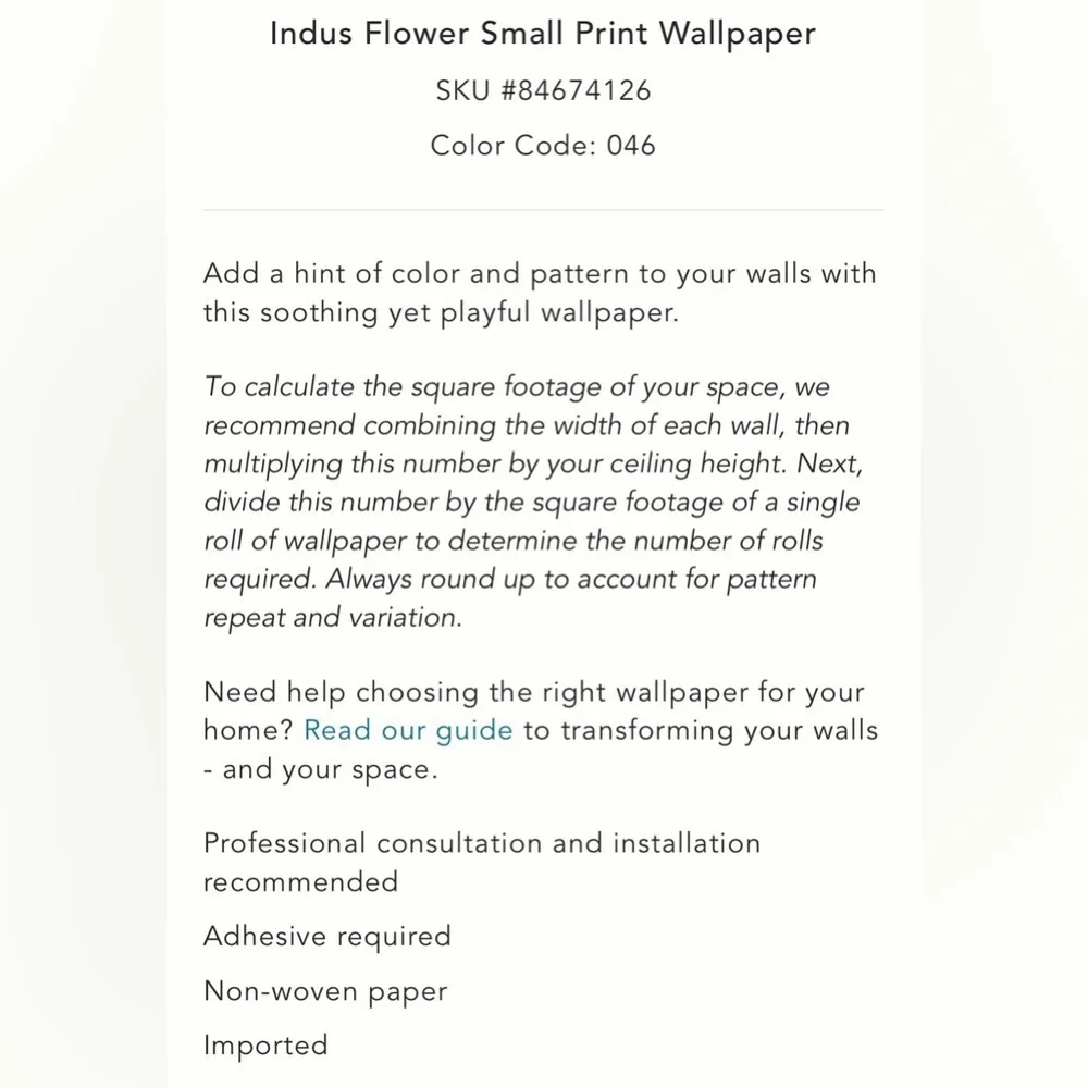 Anthropologie x GP & J Baker Indus Flower Small Print Wallpaper 2Rolls NWT